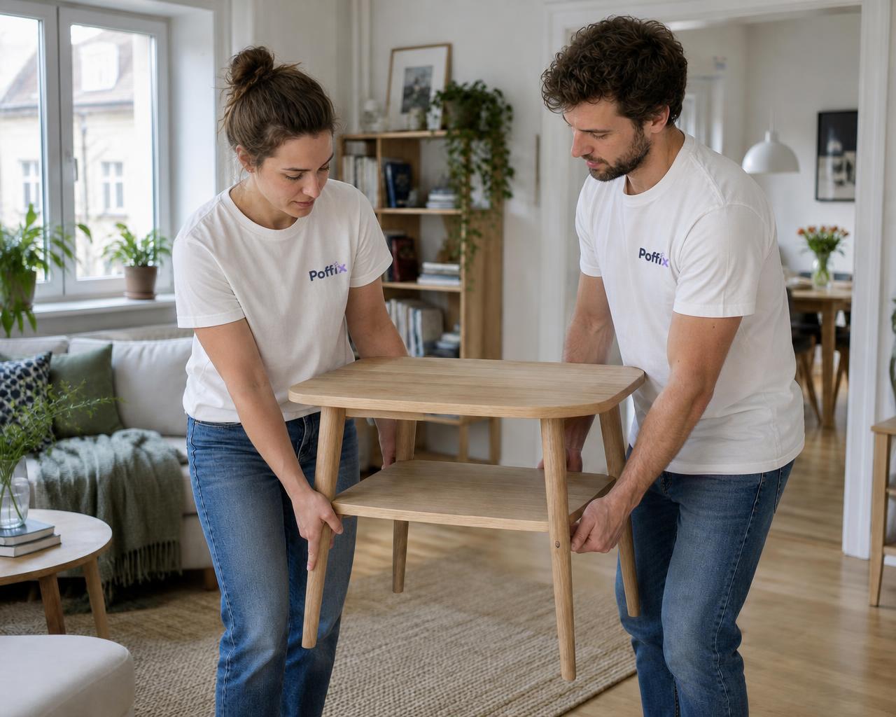 Illustration av två personer som bär ett litet bord i ett ljust hem.